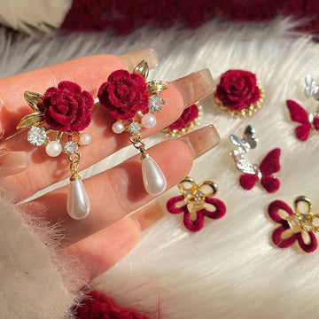 DAIIIBABYYY  -  Vintage Women Red Flocked Camellia Flower Pearl Butterfly Bow-knot Stud Earrings Korean Fashion Earrring Wedding Jewelry